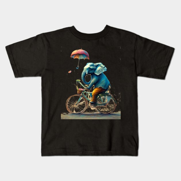 An elephant on a bicycle, holding an umbrella. Kids T-Shirt by DesignersPrints2023
